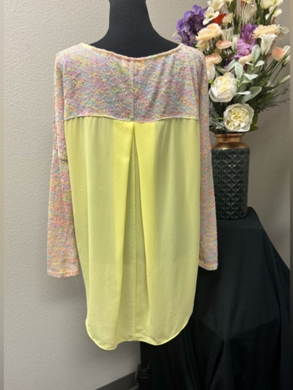 Umgee USA Medium Pastel Multicolor Knit Yellow Sheer Back Boho Tunic Top - Picture 4 of 9